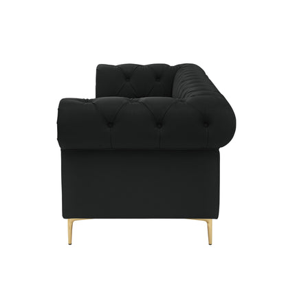 87" Black Faux Leather Chesterfield Sofa With Gold Legs