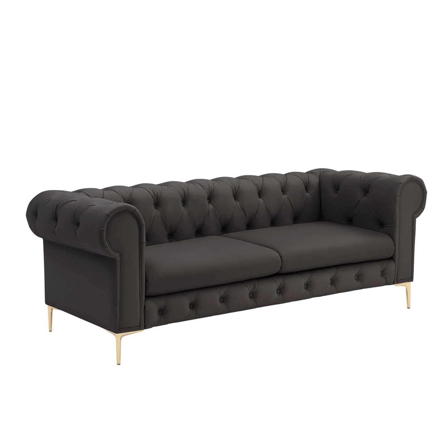 87" Black Faux Leather Chesterfield Sofa With Gold Legs