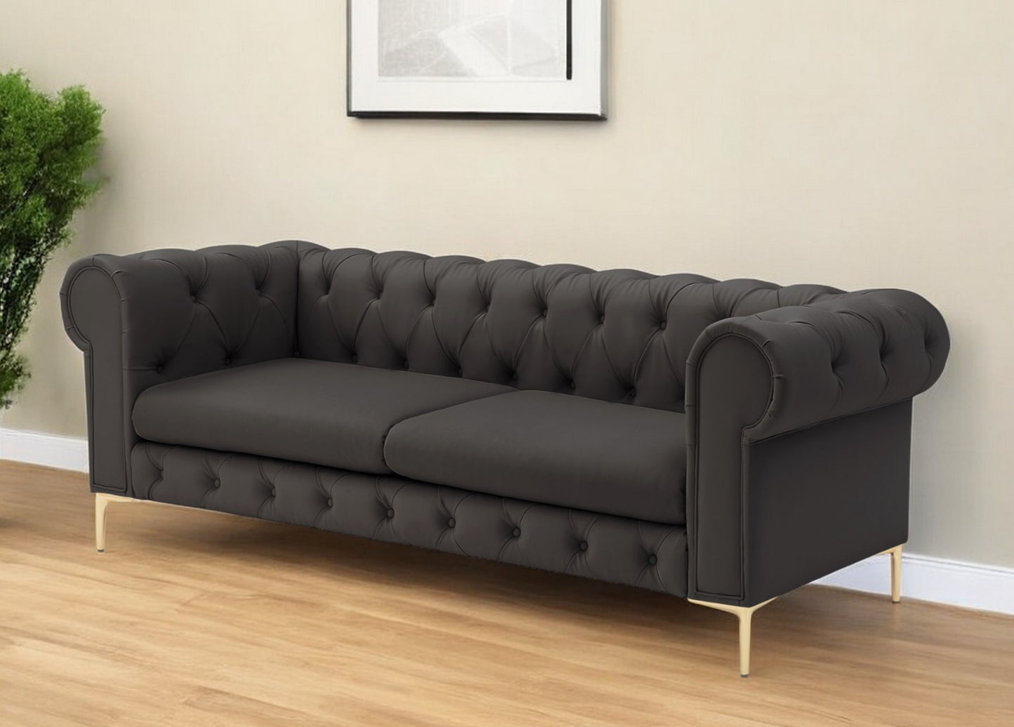 87" Black Faux Leather Chesterfield Sofa With Gold Legs