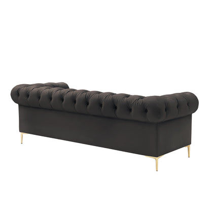 87" Black Faux Leather Chesterfield Sofa With Gold Legs