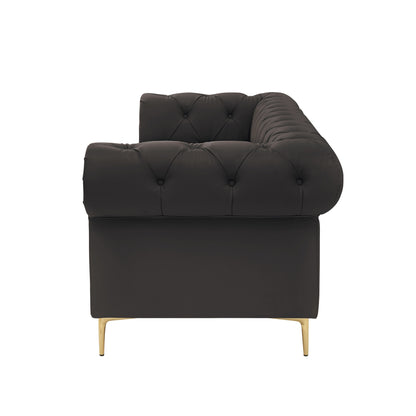 87" Black Faux Leather Chesterfield Sofa With Gold Legs