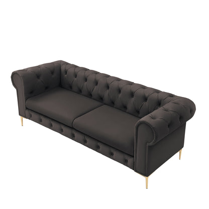 87" Black Faux Leather Chesterfield Sofa With Gold Legs