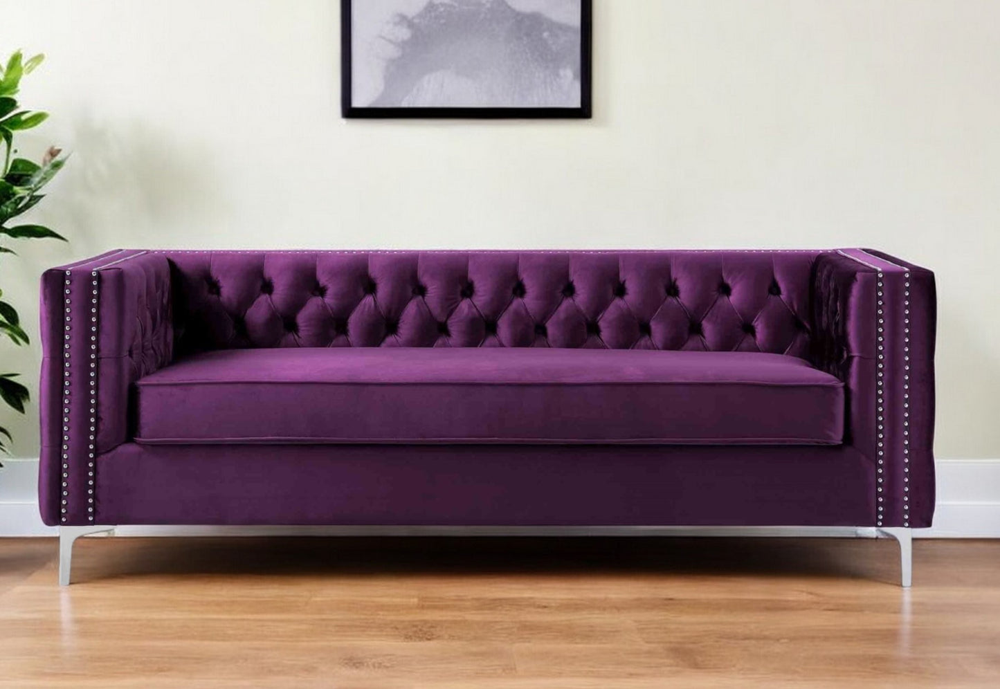 84" Purple Velvet Sofa With Silver Legs