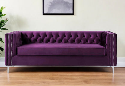 84" Purple Velvet Sofa With Silver Legs