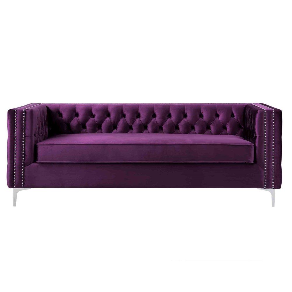 84" Purple Velvet Sofa With Silver Legs