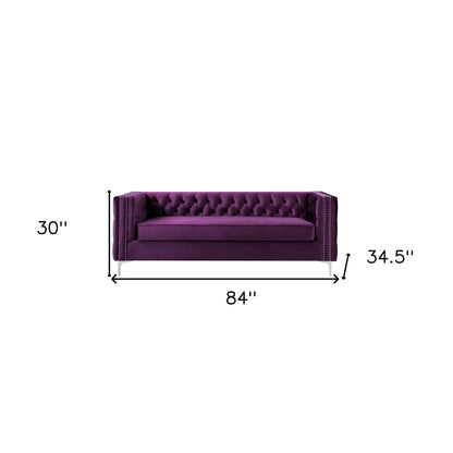 84" Purple Velvet Sofa With Silver Legs