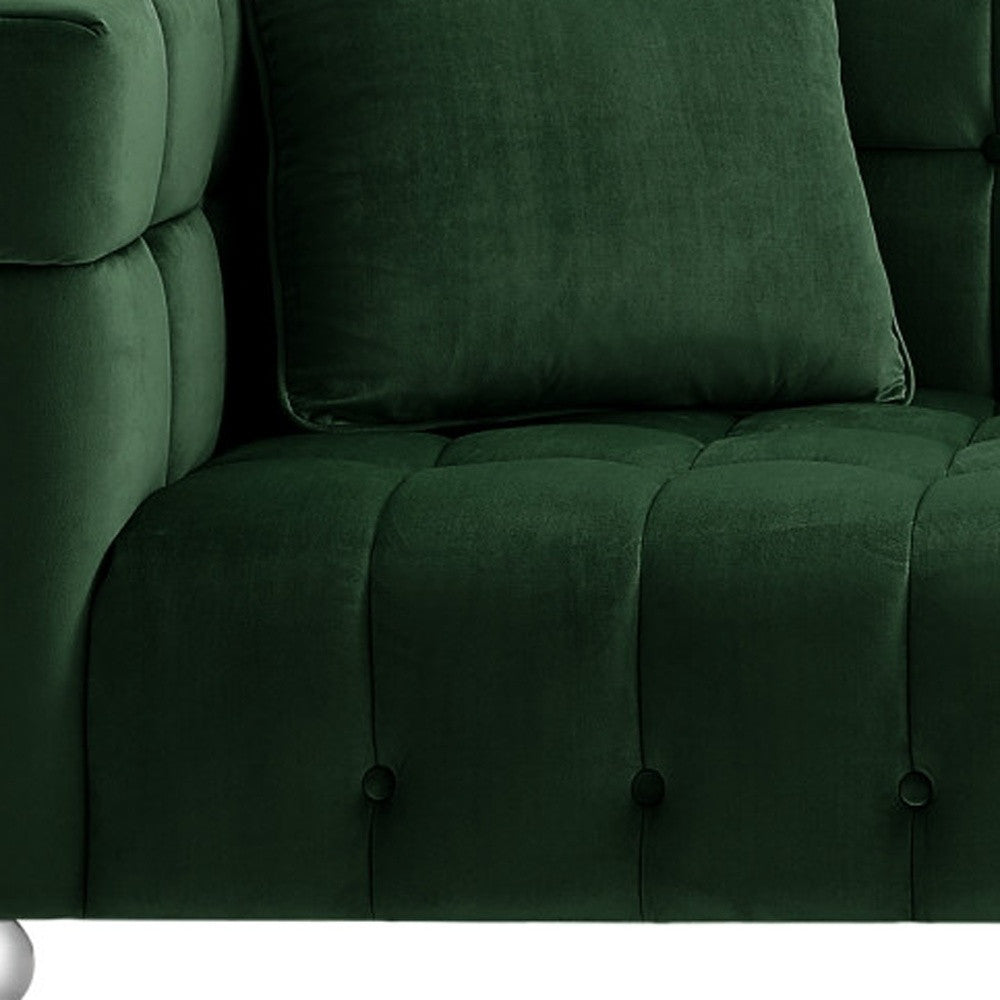 88" Hunter Green Velvet Sofa And Toss Pillows With Clear Legs