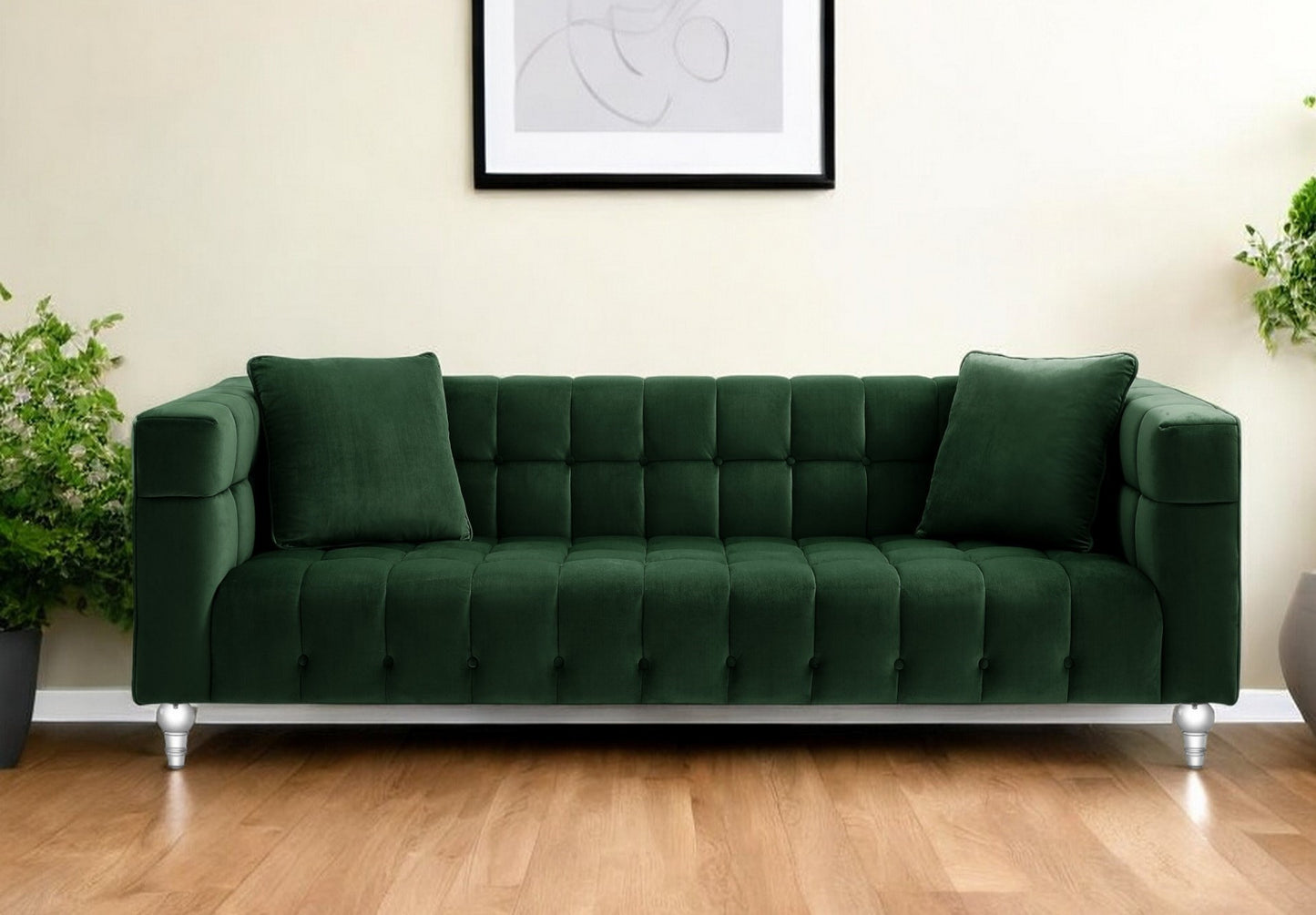 88" Hunter Green Velvet Sofa And Toss Pillows With Clear Legs