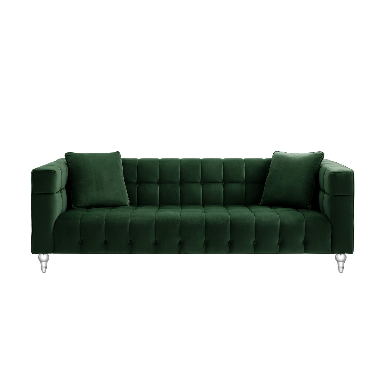 88" Hunter Green Velvet Sofa And Toss Pillows With Clear Legs