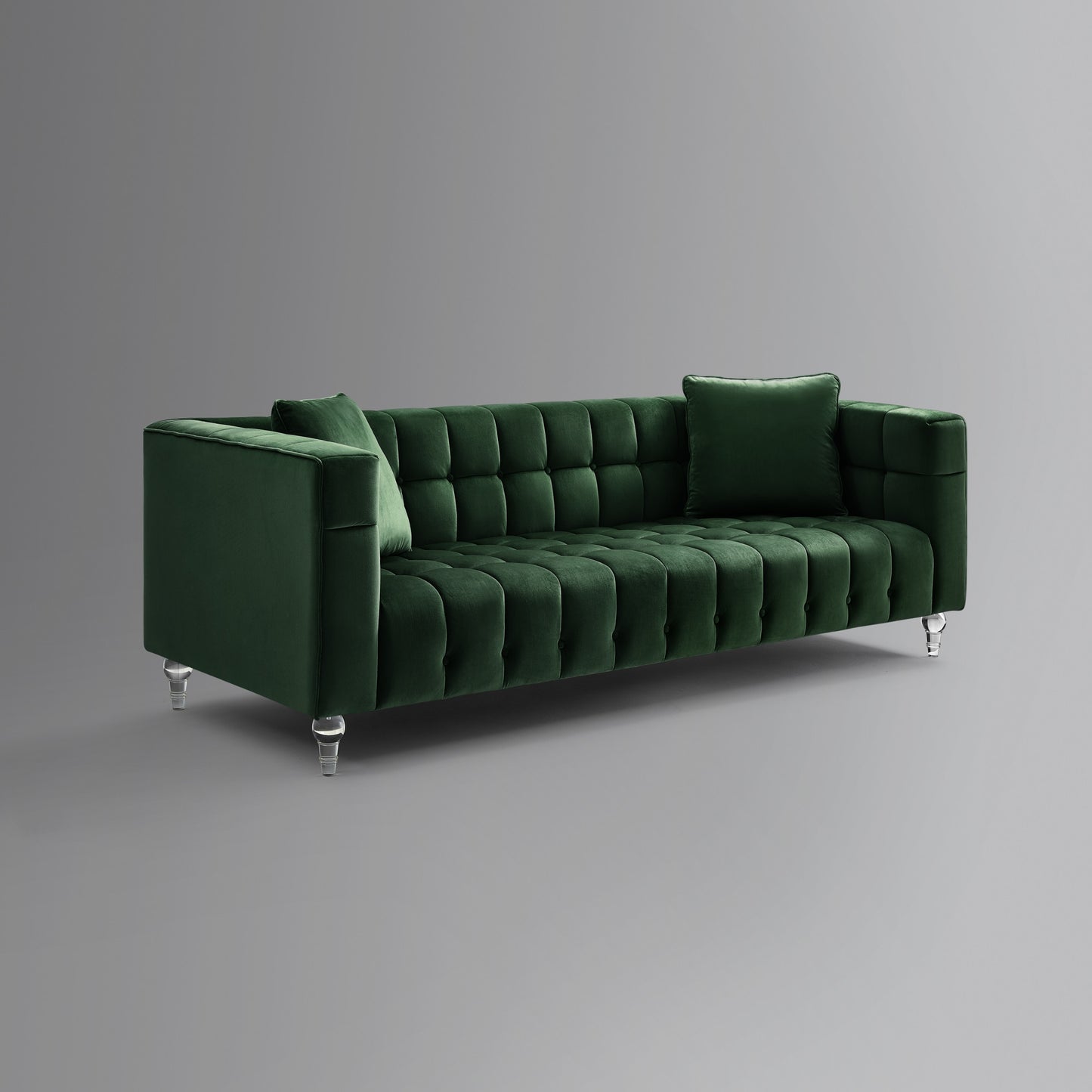 88" Hunter Green Velvet Sofa And Toss Pillows With Clear Legs