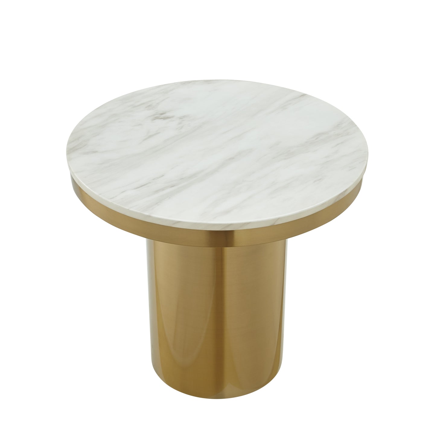 22" Gold And White Marble And Stainless Steel Round End Table