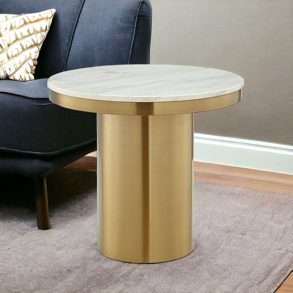 22" Gold And White Marble And Stainless Steel Round End Table