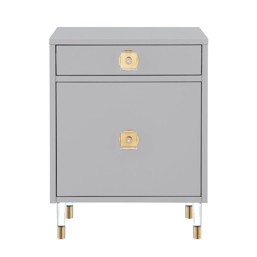 26" Clear And Light Gray End Table With Drawer And Shelf