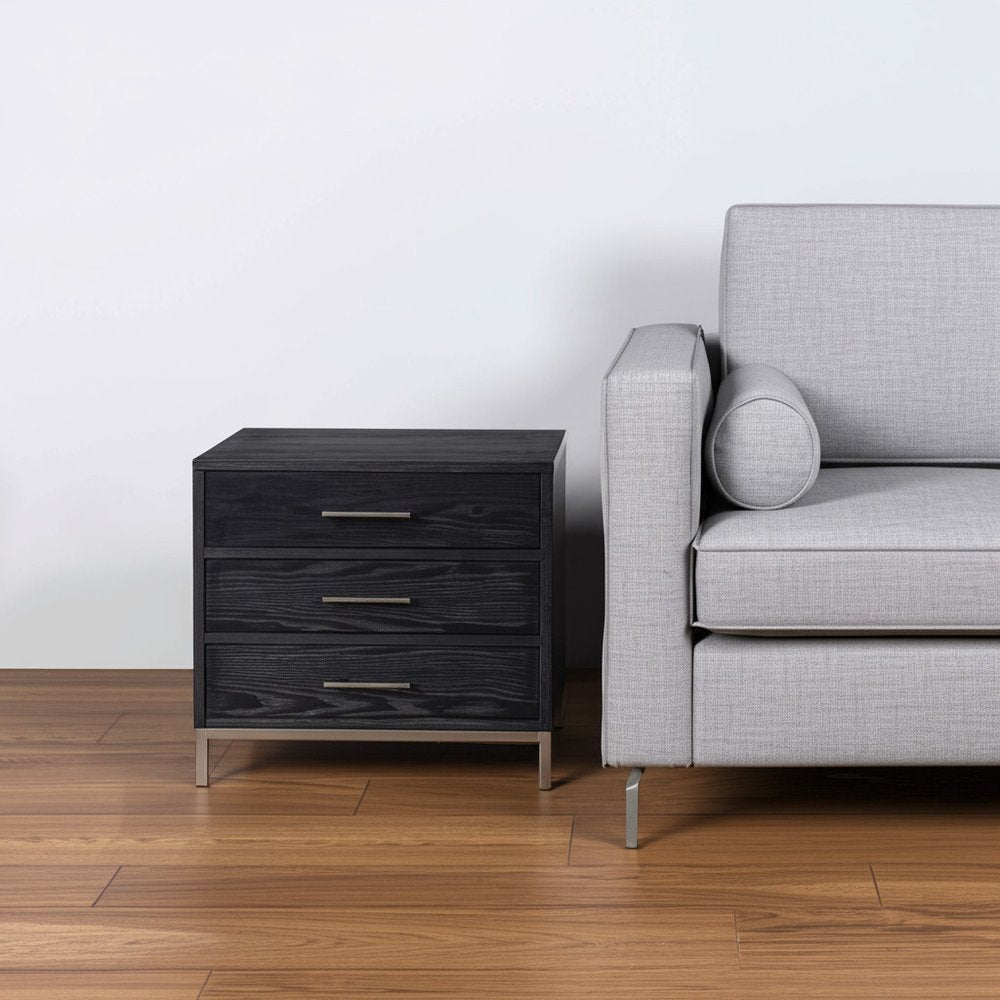 24" Silver Metallic And Black End Table With Three Drawers