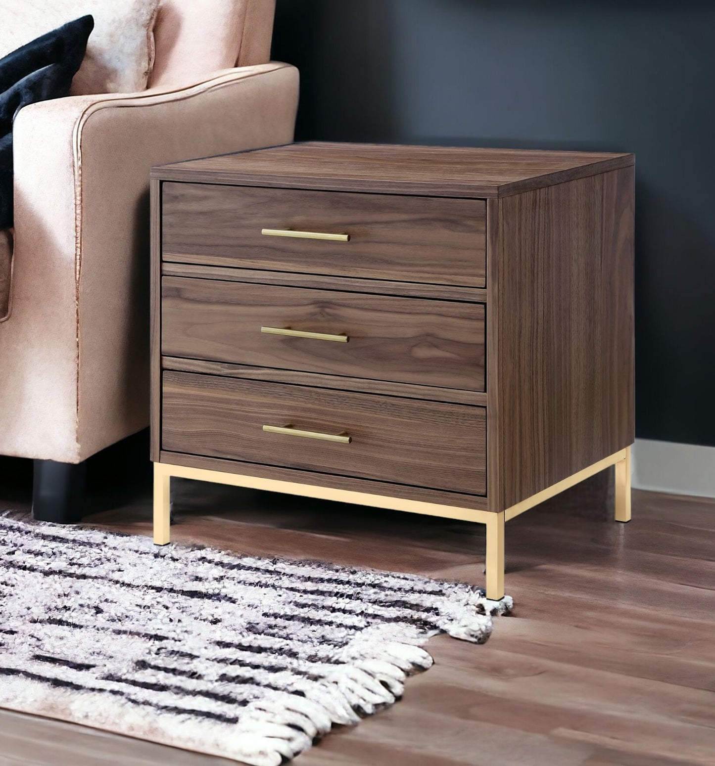 24" Silver Metallic And Black End Table With Three Drawers