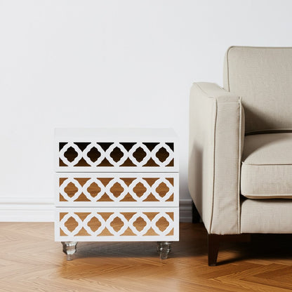 24" Clear And White Wood Mirrored End Table With Three Drawers