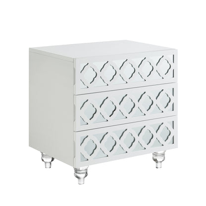 24" Clear And White Wood Mirrored End Table With Three Drawers