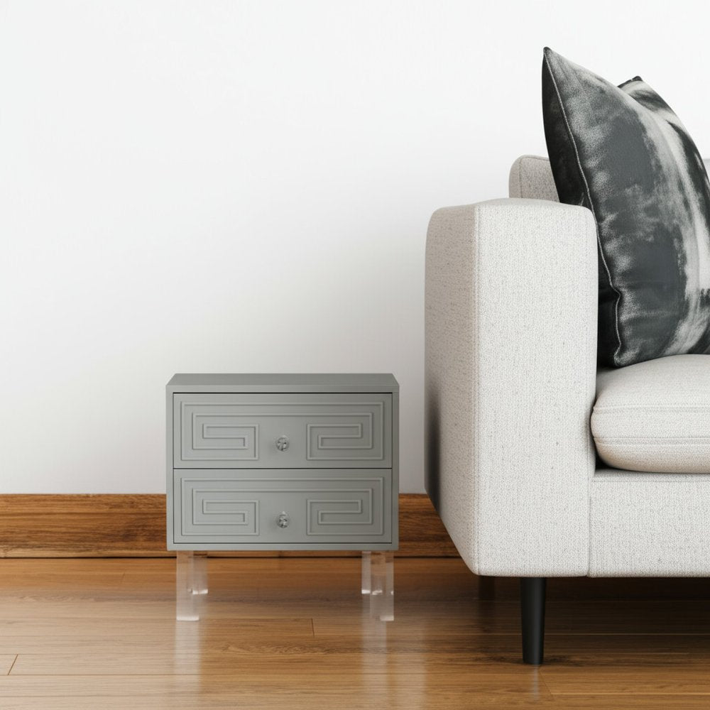 24" Clear and Light Gray End Table with Two Drawers