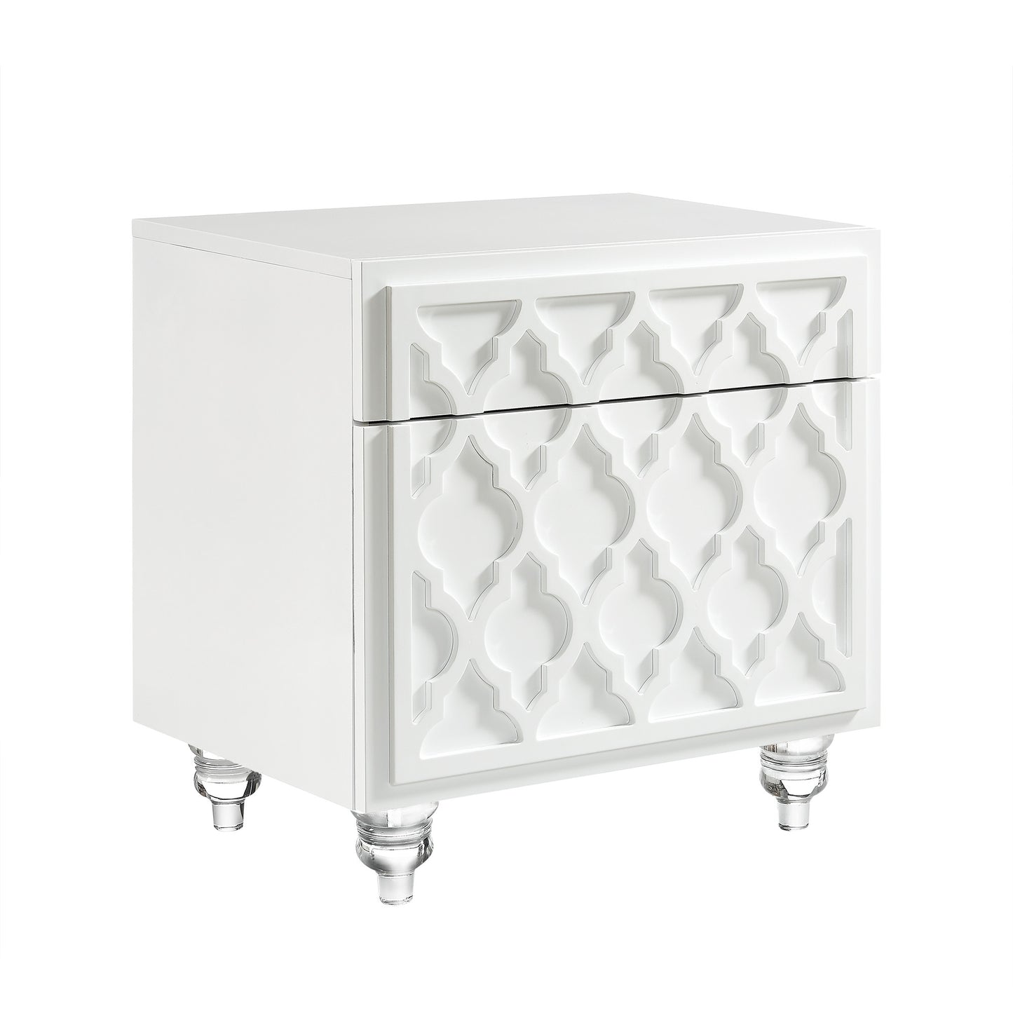 24" Clear And White End Table With Drawer And Shelf