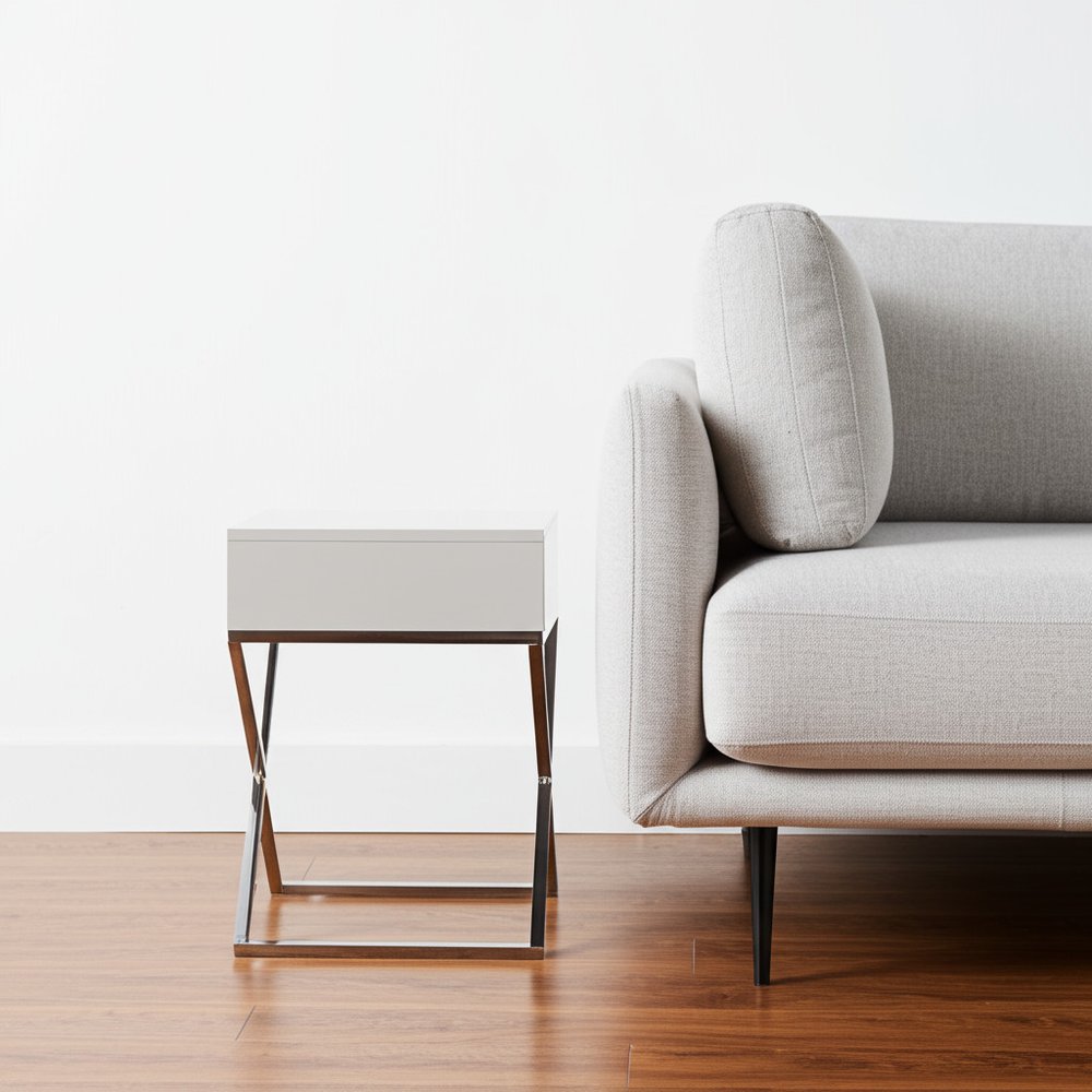 25" Silver Metallic And Light Gray End Table With Drawer