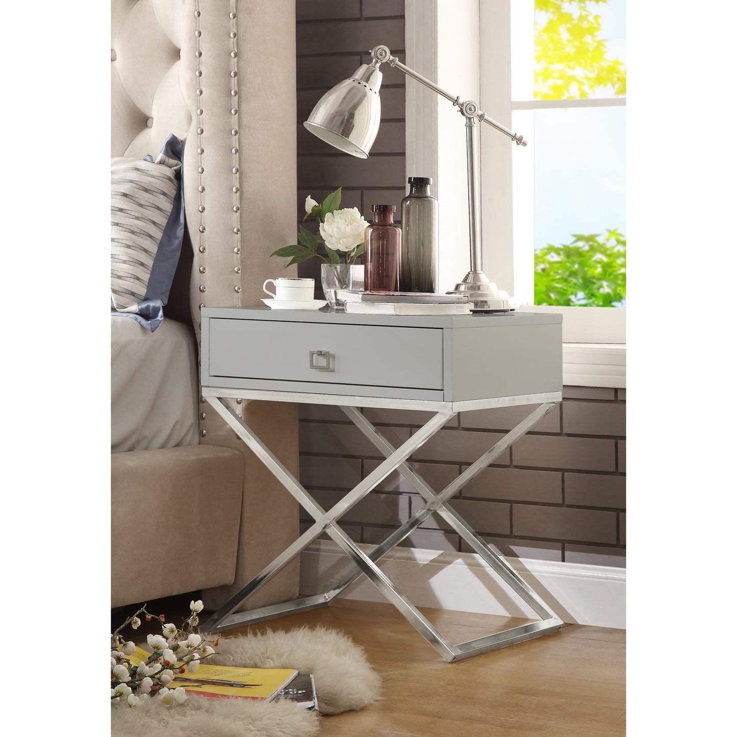 25" Silver Metallic And Light Gray End Table With Drawer