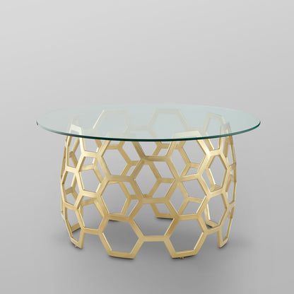 32" Clear And Gold Glass And Iron Round Coffee Table