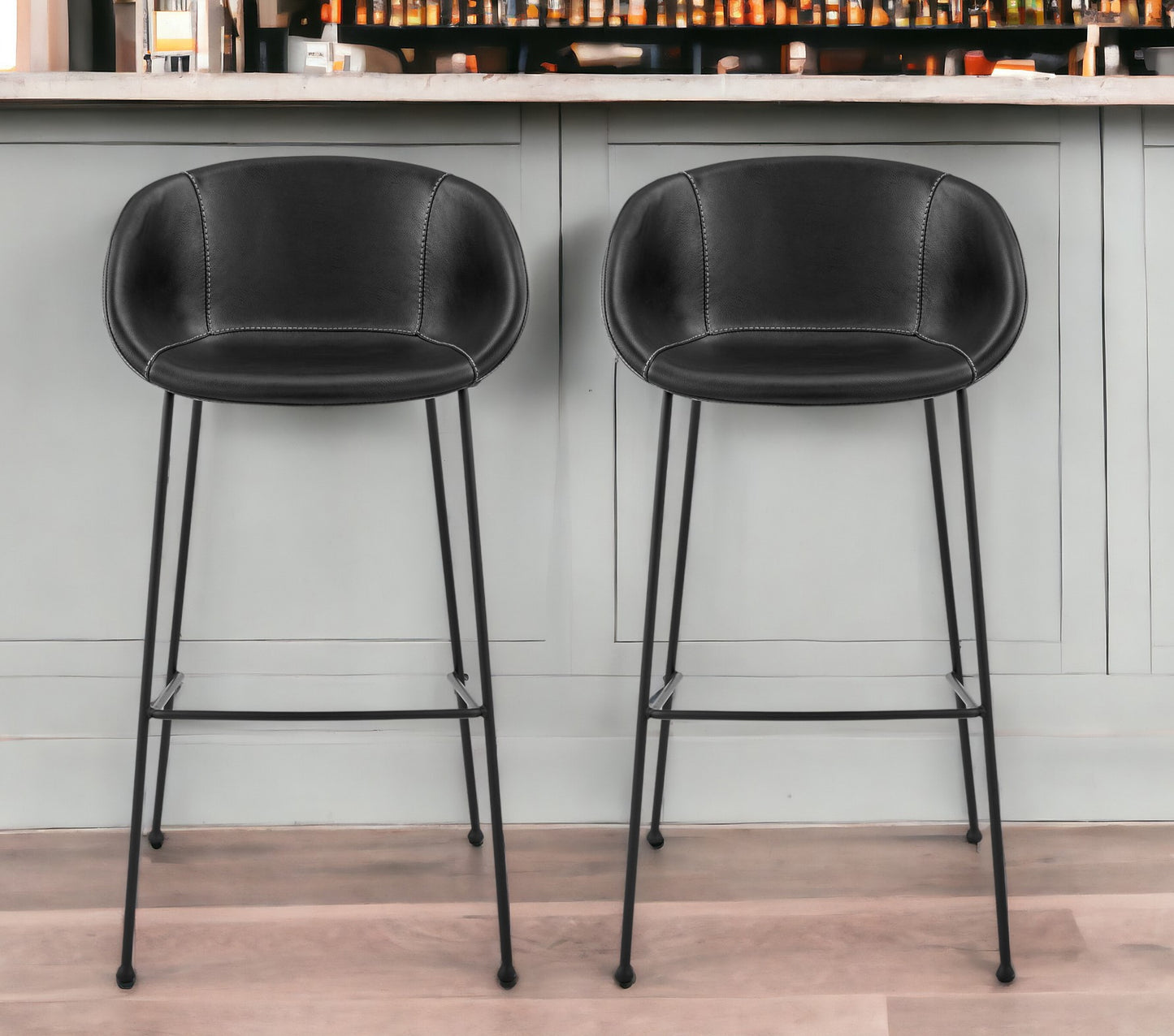 Set of Two 30" Faux Leather And Steel Low Back Bar Height Bar Chairs