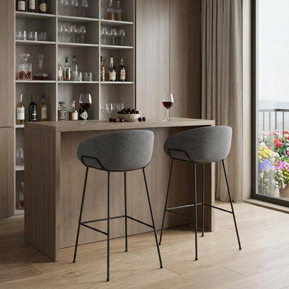 Set of Two 30" Gray and Black Fabric and Steel Low Back Bar Height Bar Chairs