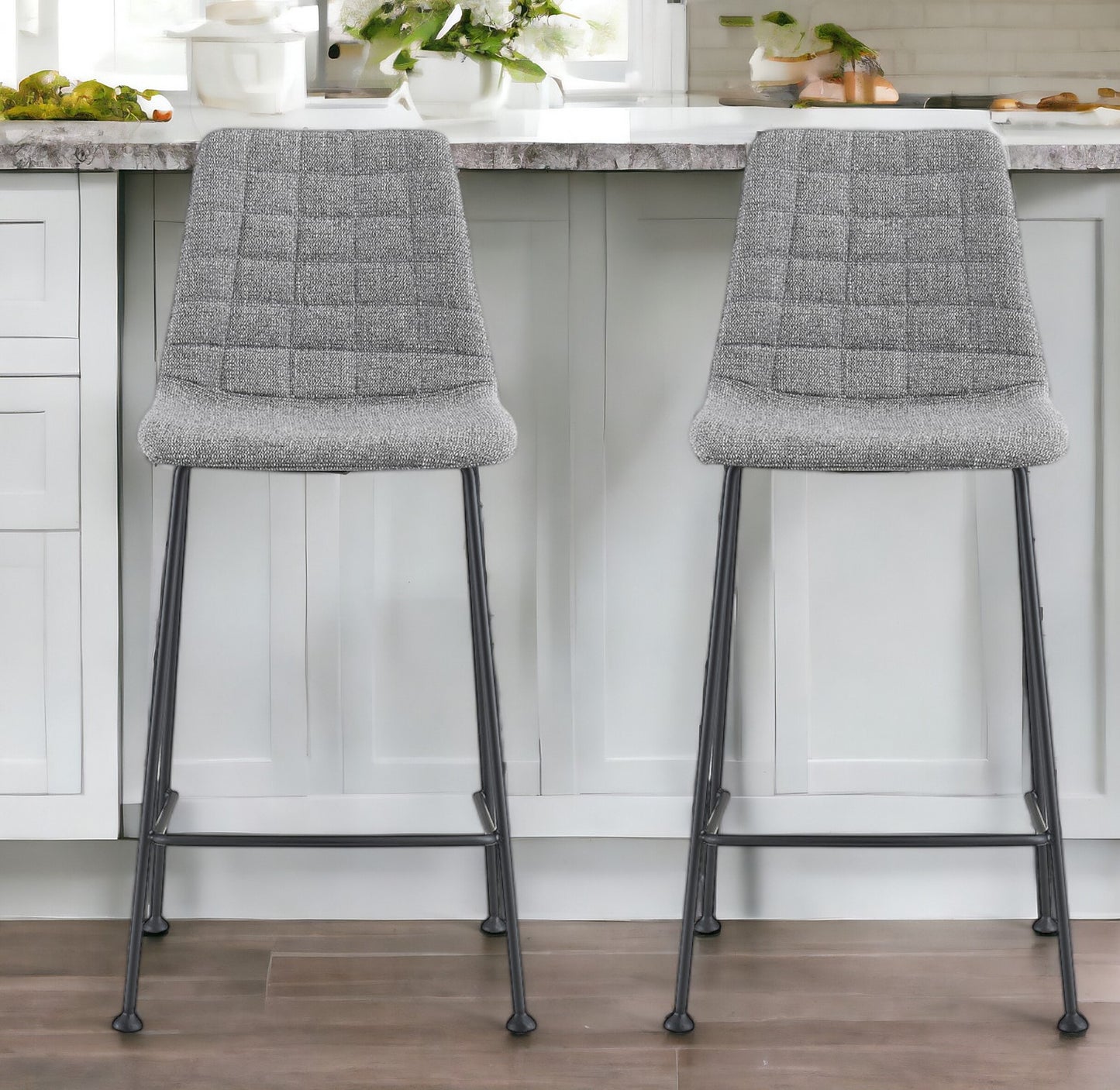 Set of Two 26" Light Gray And Black Steel Low Back Counter Height Bar Chairs