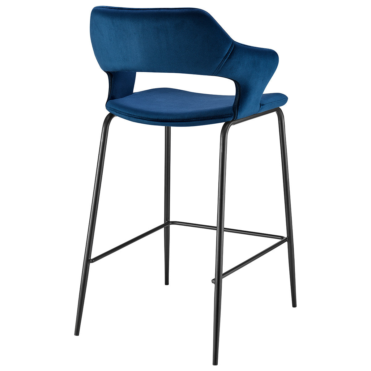 26" Blue And Black Velvet And Steel Low Back Counter Height Bar Chair