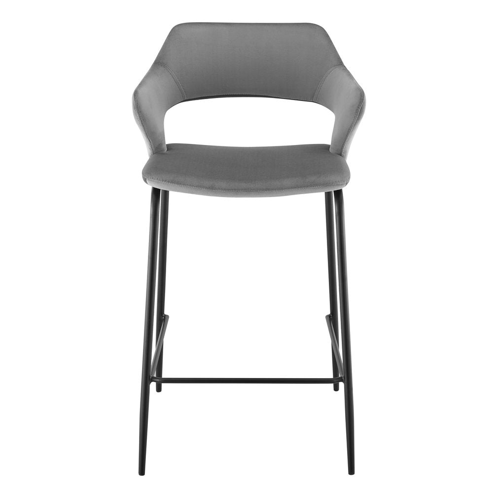 26" Gray and Black Velvet and Steel Low Back Counter Height Bar Chair