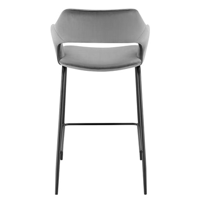 26" Gray And Black Velvet And Steel Low Back Counter Height Bar Chair