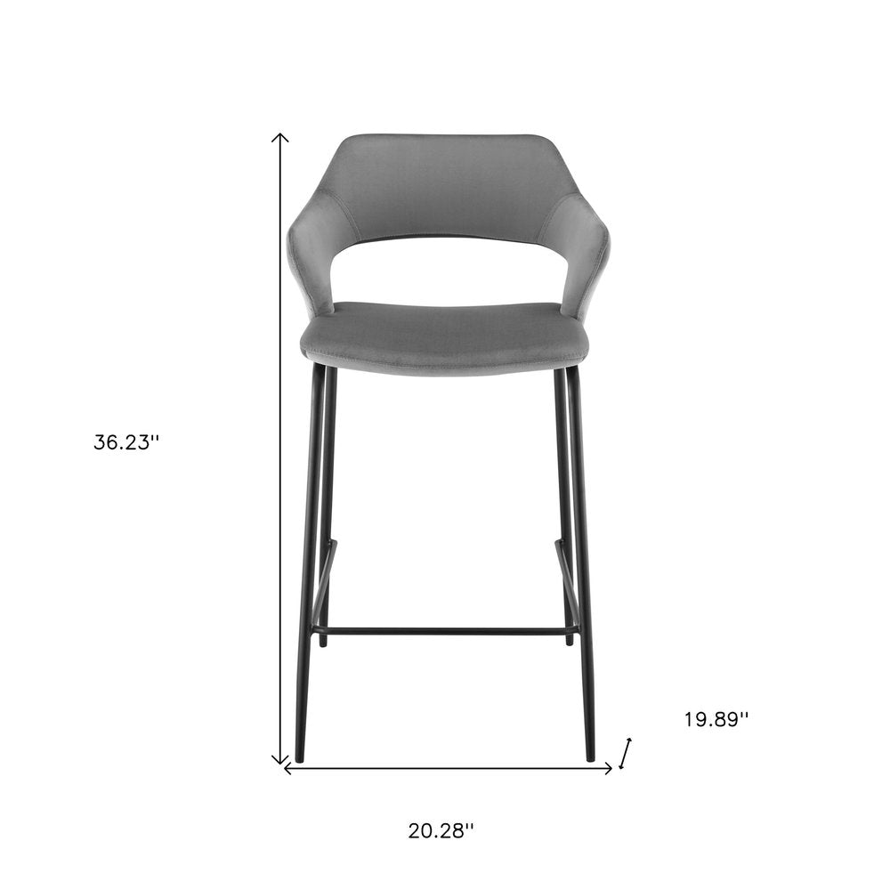 26" Gray and Black Velvet and Steel Low Back Counter Height Bar Chair