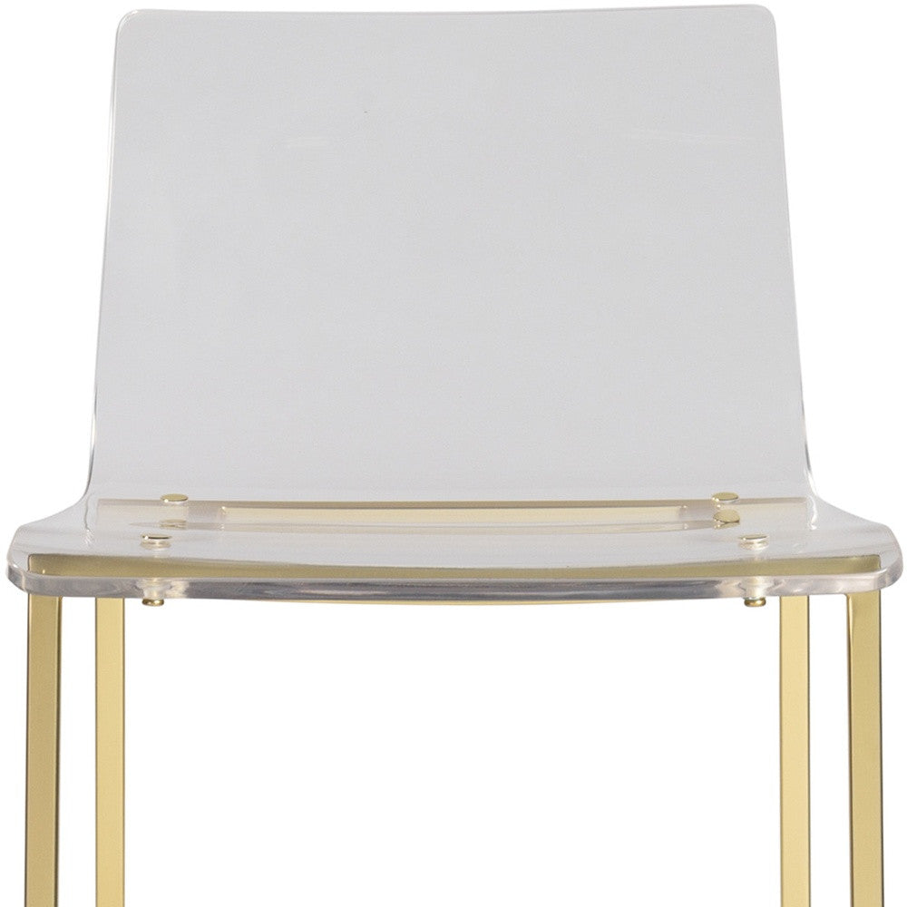 Set of Two 30" Clear And Gold Steel Low Back Bar Height Bar Chairs