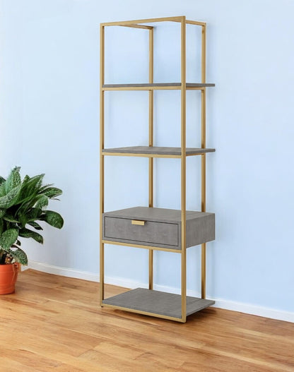 68" Gray Stainless Steel Four Tier Etagere Bookcase with a drawer