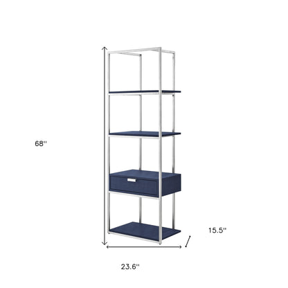 68" Gray Stainless Steel Four Tier Etagere Bookcase with a drawer