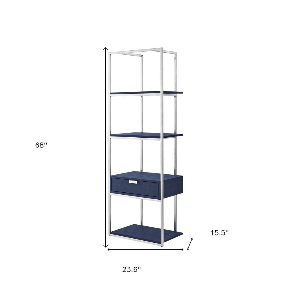 68" Gray Stainless Steel Four Tier Etagere Bookcase with a drawer