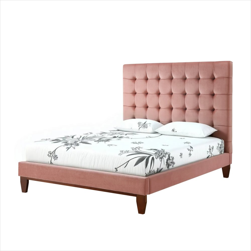 Beige Solid Wood Twin Tufted Upholstered Linen Bed Frame