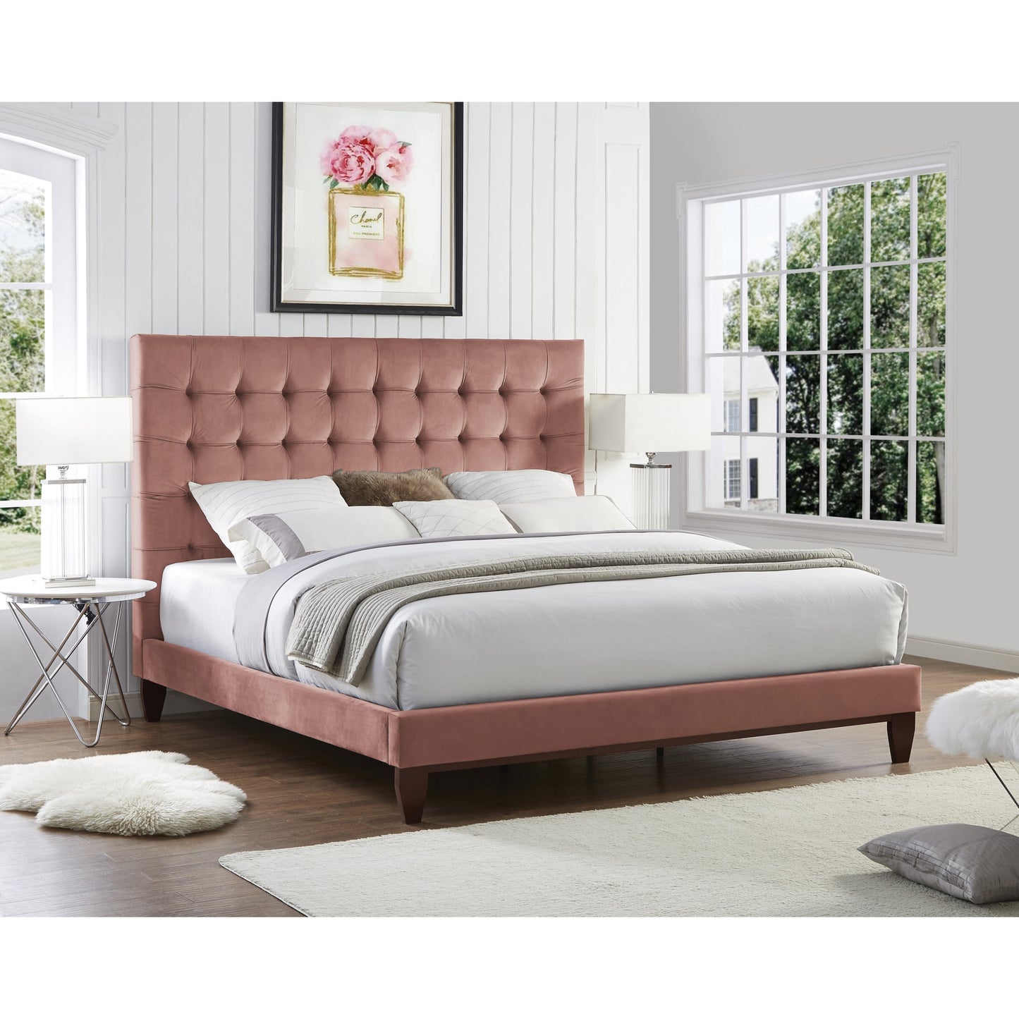 Blush Solid Wood Queen Tufted Upholstered Velvet Bed