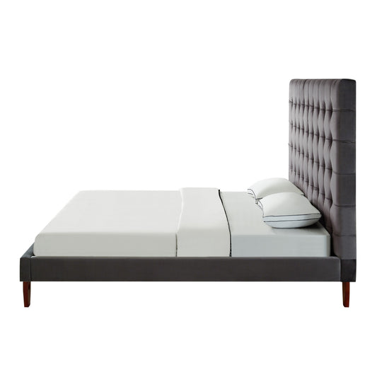 Gray Solid Wood Queen Tufted Upholstered Velvet Bed