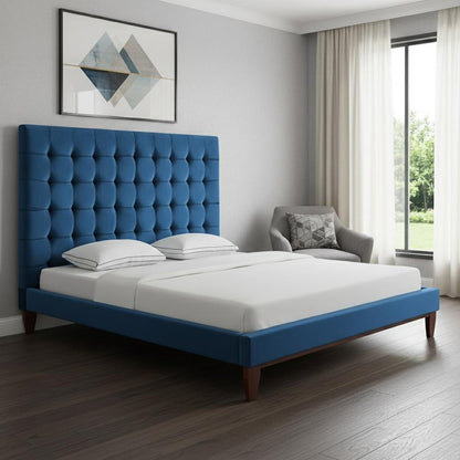 Navy Blue Solid Wood King Tufted Upholstered Velvet Bed