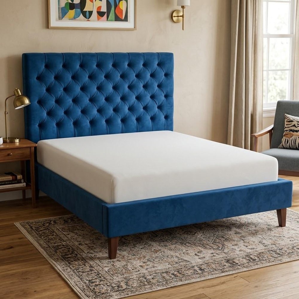 Navy Blue Solid Wood King Tufted Upholstered Velvet Bed