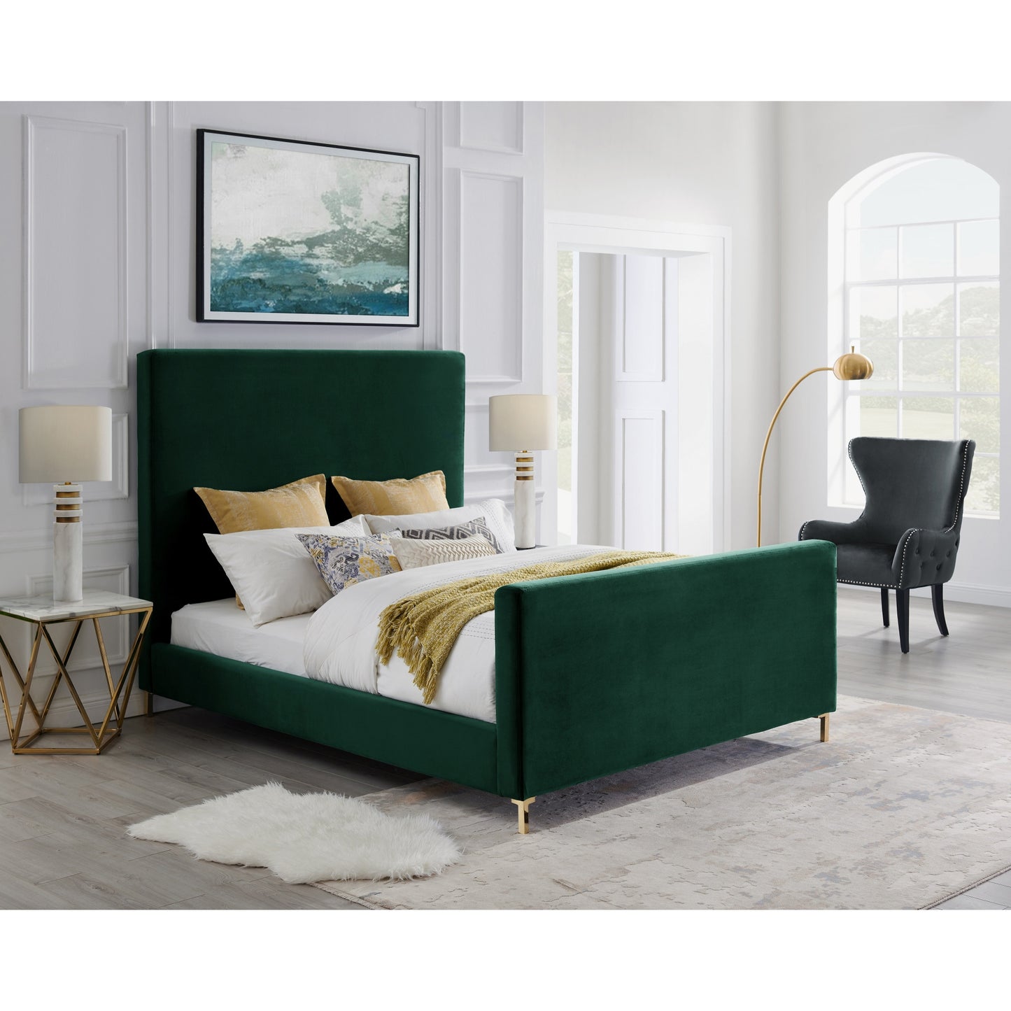 Gray Solid Wood Queen Upholstered Velvet Bed