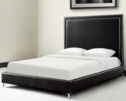 White Solid Wood Twin Upholstered Faux Leather Bed Frame with Nailhead Trim