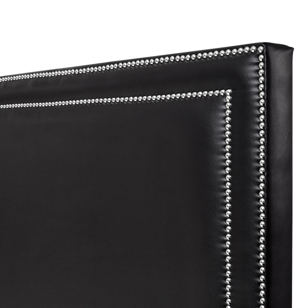 Black Solid Wood Queen Upholstered Faux Leather Bed with Nailhead Trim