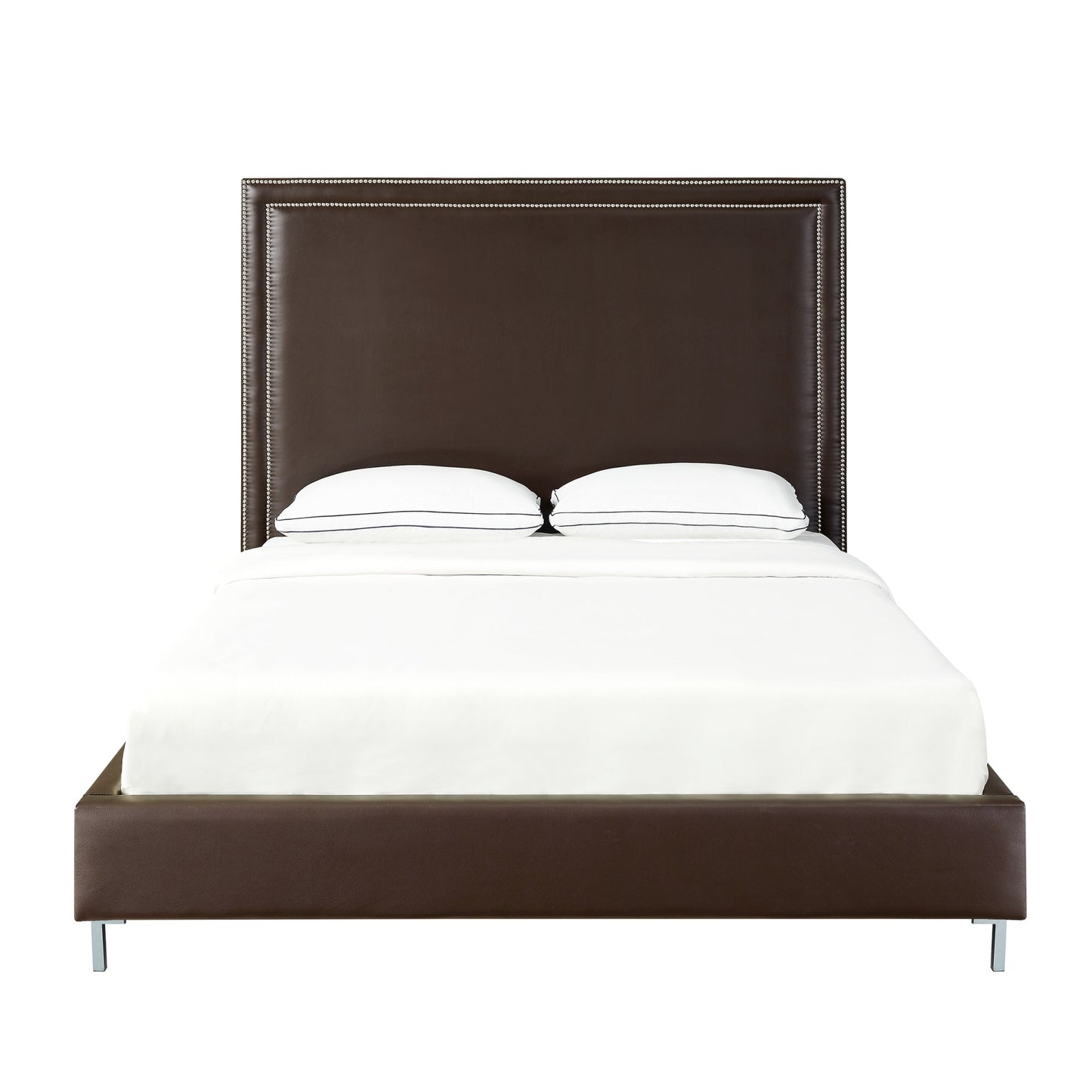 White Solid Wood Full Upholstered Faux Leather Bed with Nailhead Trim