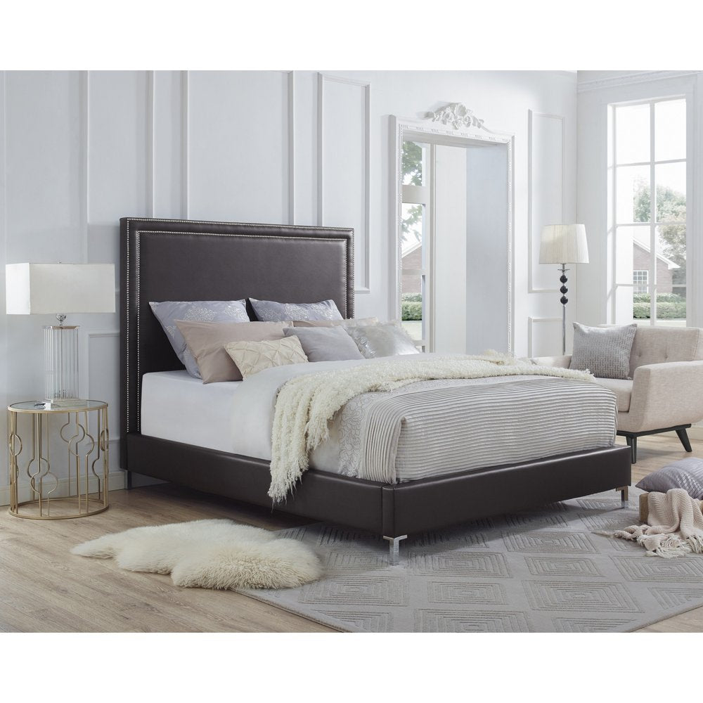 Gray Solid Wood King Upholstered Velvet Bed with Nailhead Trim