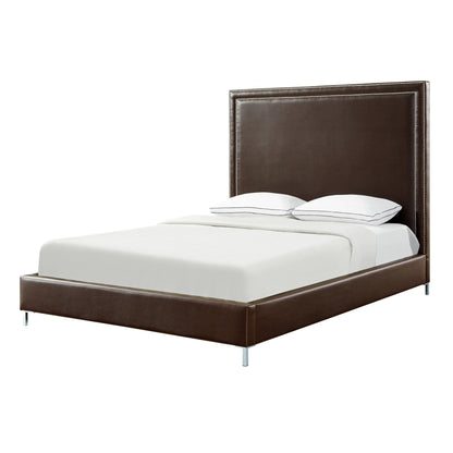 White Solid Wood Full Upholstered Faux Leather Bed with Nailhead Trim