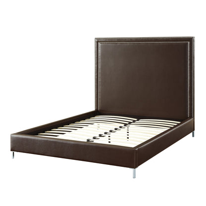 White Solid Wood Full Upholstered Faux Leather Bed with Nailhead Trim