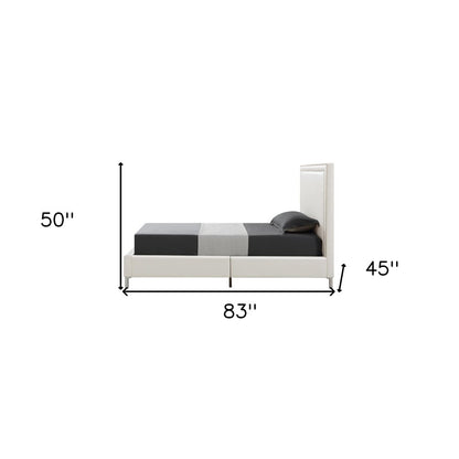 White Solid Wood Twin Upholstered Faux Leather Bed Frame with Nailhead Trim